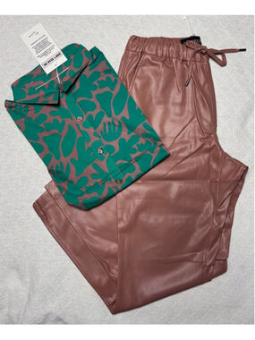 A 2 Wildfang Outfit: Button-Up Top & Empower Vegan Leather Drawstring Pant SZ M